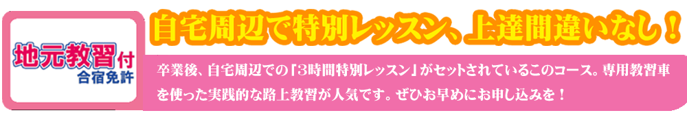 地元教習付合宿免許 自宅周辺で特別レッスン、上達間違いなし！ 卒業後、自宅周辺での「無料特別レッスン」が付いているこのコース。専用教習車を使った実践的な路上教習が人気です。ぜひお早めにお申込みを！