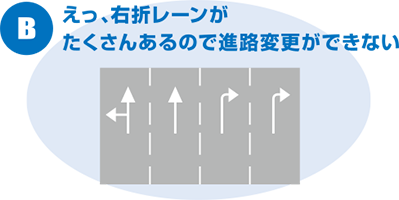 B：えっ、右折レーンがたくさんあるので進路変更ができない