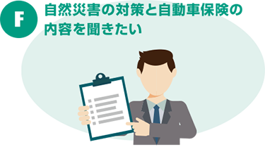 F：自然災害の対策と自動車保険の内容を聞きたい