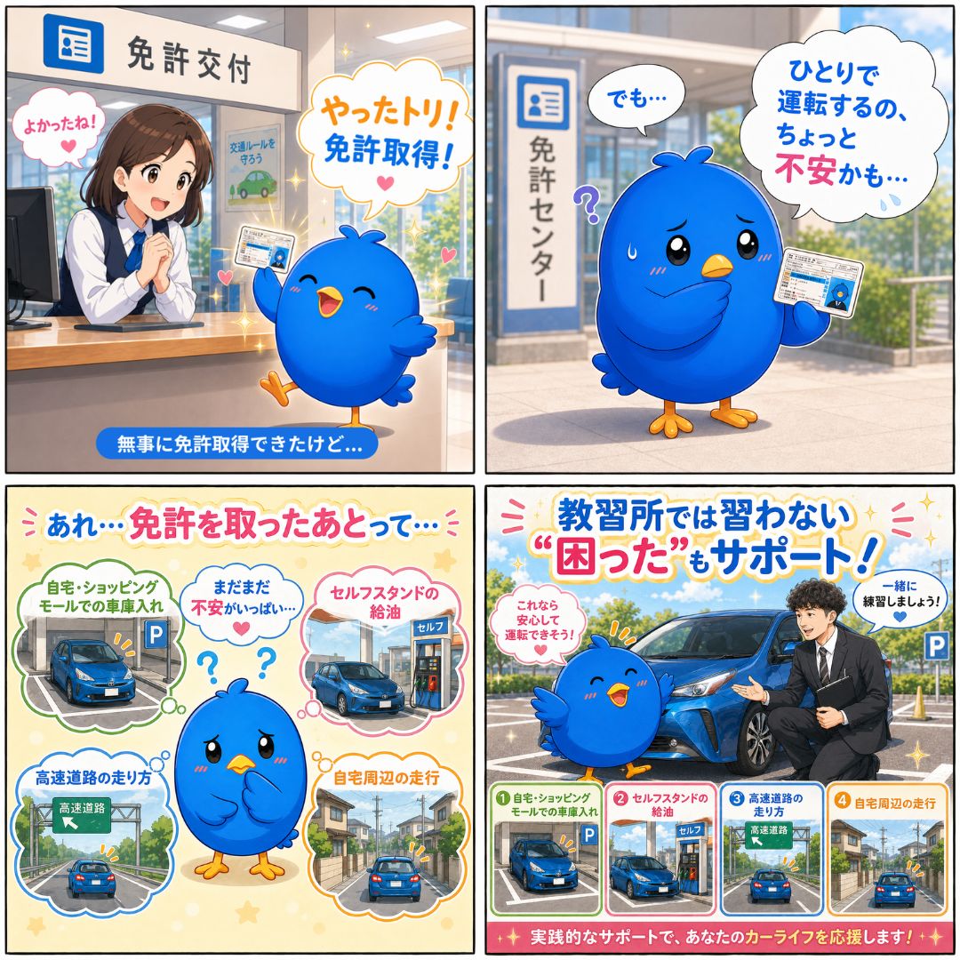 免許取得後の運転不安と地元実践教習2時間を紹介するブルーバードくんの４コママンガ